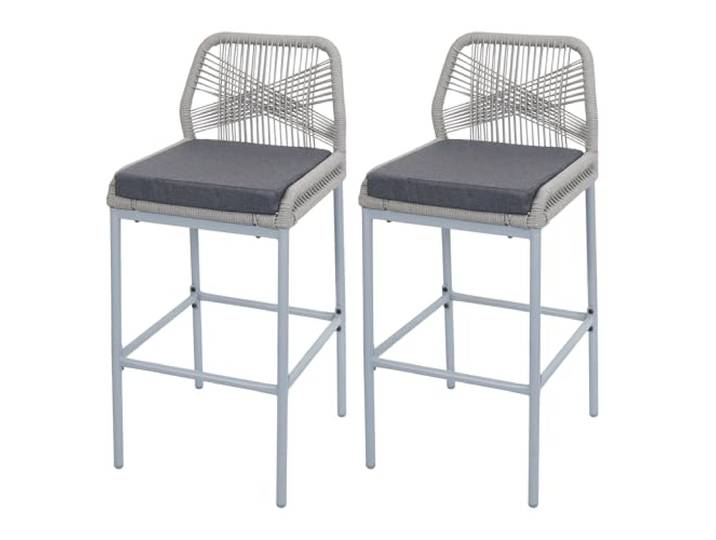 Mendler 2er-Set Barhocker HWC-O21 Metall - hellgrau, Kissen dunkelgrau Outdoor, Sitzpolster, Rope-Barhocker, Seilgeflecht
