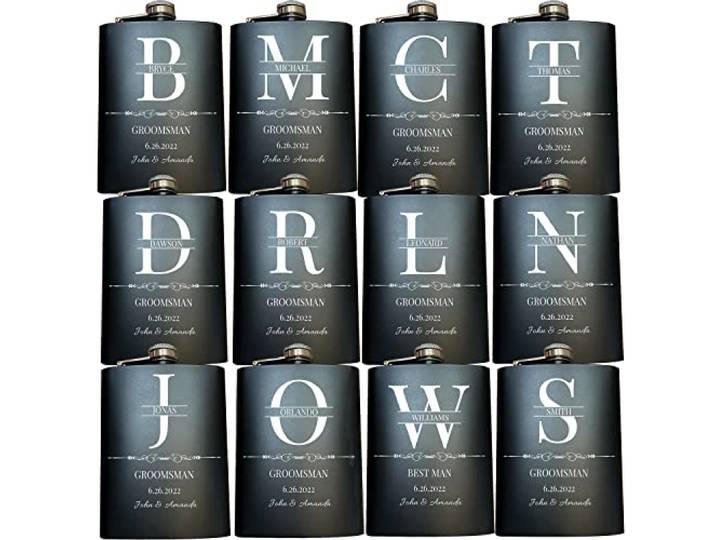 Set mit 12 Trauzeugen, Geschenke für Hochzeit, personalisierter Trauzeugen, personalisierbar, 237 ml, Edelstahl-Flachmann für Hochzeitsgeschenke, Trauzeugen-Geschenkset, schwarz