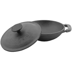 BIOL Servierpfanne 14 cm aus Gusseisen emailliert Wok-Pfanne mit Holzbrett Gusswok Emaillie
