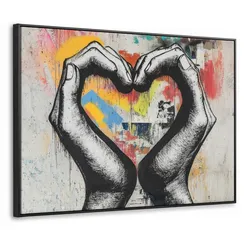 LEINWAND Bilder mit Rahmen - Hände - Herz - Straßenkunst - Graffiti - 80x60