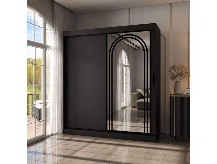 Kleiderschrank / Schiebetürenschrank Schwarz Matt 10 Fächer 2 Kleiderstangen dekorative Spiegeltür 180 x 62 x 200 cm für Schlafzimmer