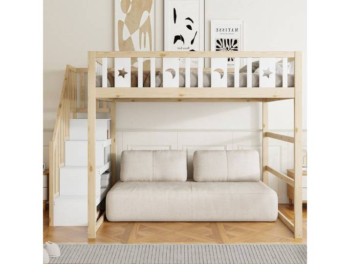 Luscriate - Lit mezzanine 140x200 cm lit étudiant avec échelle lit double avec barrières de sécurité lit coffre - Naturel