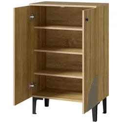 OKWISH Moderner Holz Schuhschrank mit Metallbeinen, platzsparender Schuhorganizer, Aufbewahrung für Schuhe, Taschen, Accessoires,kompakt 60x32x94cm Holzfarbe