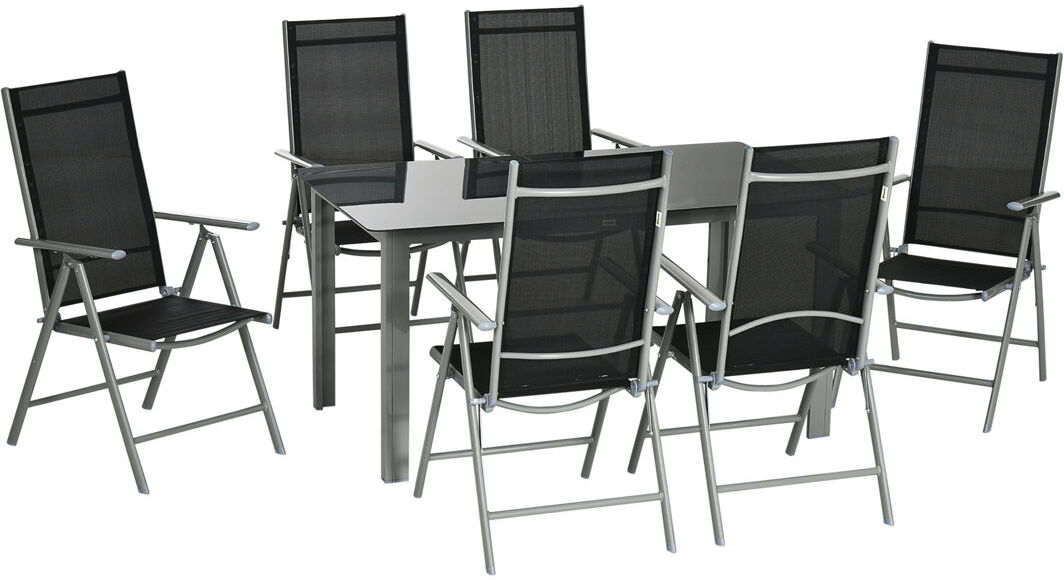 Brayden Studio Western 7 Piece Garden Dining Set with 6 Folding Reclining Chairs Black Grey 6