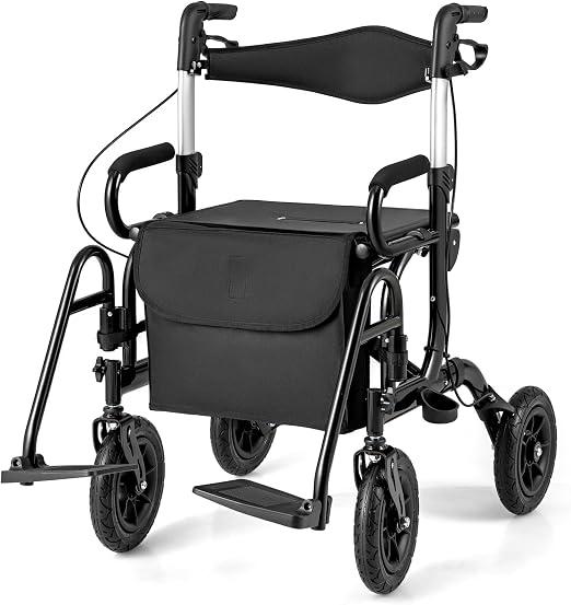 Rollator Faltbar und Leicht mit Sitz, Aluminium Rollstuhl Reiserollator,Gehwagen 6-fach Höhenverstellbar,Laufhilfe mit Stockhalter Tasche,Gehhilfe mit 23cm Reifen für All Gelände (Schwarz)