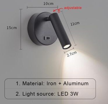 Friendly Fresh Finds Modern LED Wall Light With Switch Adjustable Bedside Wall Lamp Minimalist Wall Sconce black