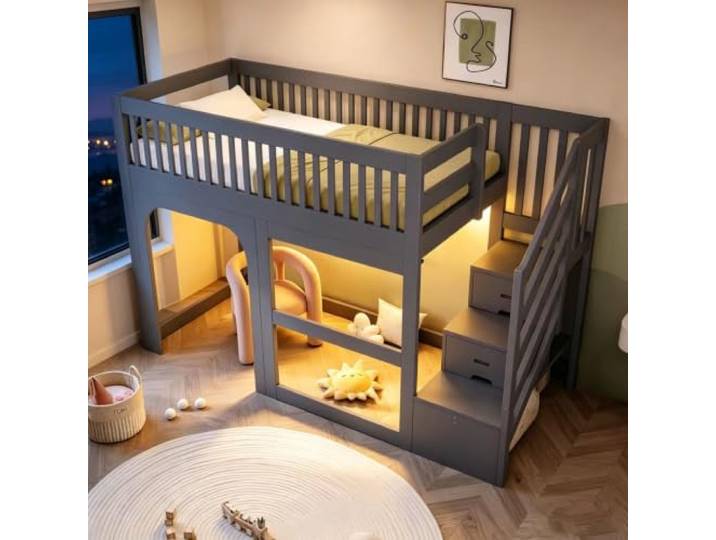 Merax Kinder-Hochbett 90x200 cm mit Tür- und Fensteroptik, Aufsteigeleiter mit Stauraum, LED-Beleuchtung & Sicherheitsgeländer – Grau (Ohne Matratze)