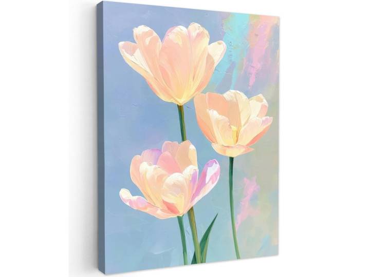 MuchoWow Leinwandbild - Tulpen - Rosa Akzente - Blau - 60x80 - Gemälde, Pastellblau, Textil, Kiefer, Abstrakt, Rechteckig, 60x80 cm, gerahmt, Bilder & Rahmen, Bilder, Wandbilder