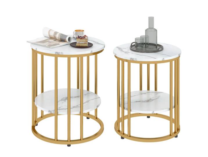 Jamb Beistelltisch La Rioja Mayor Gold/Weiss 2er-Set mit Stauraum, Weiß, Holz, Metall, 45x55x45 cm, Wohnzimmer, Wohnzimmertische, Beistelltisch