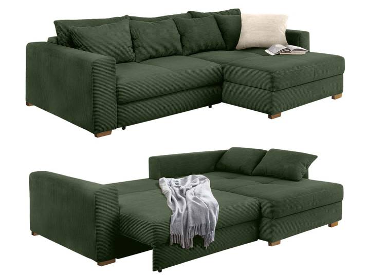 Ecksofa-Dauerschläfer Federkern Schlafcouch seitenverkehrt Bettkasten Cord Grün / 15156