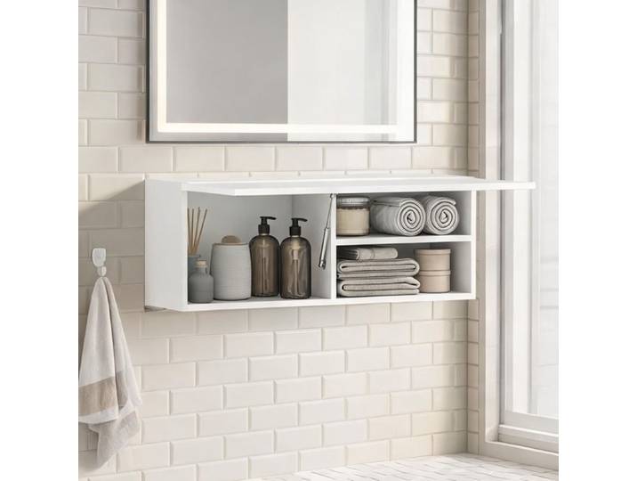 Meuble mural blanc 80x25x30 cm porte relevable MDF pour salle de bain moderne