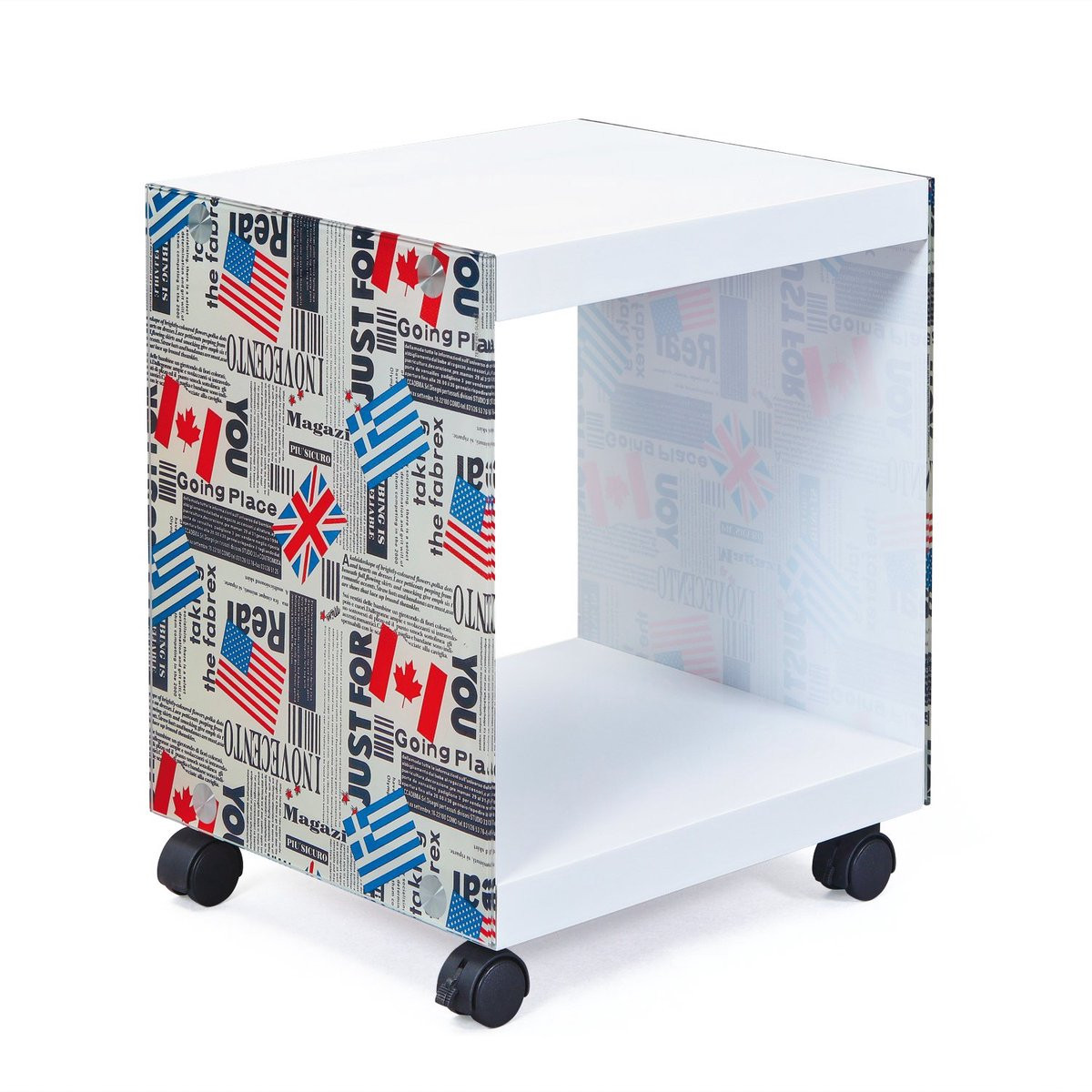 Unyqoos Moderne witte bijzettafel met wielen en glazen details