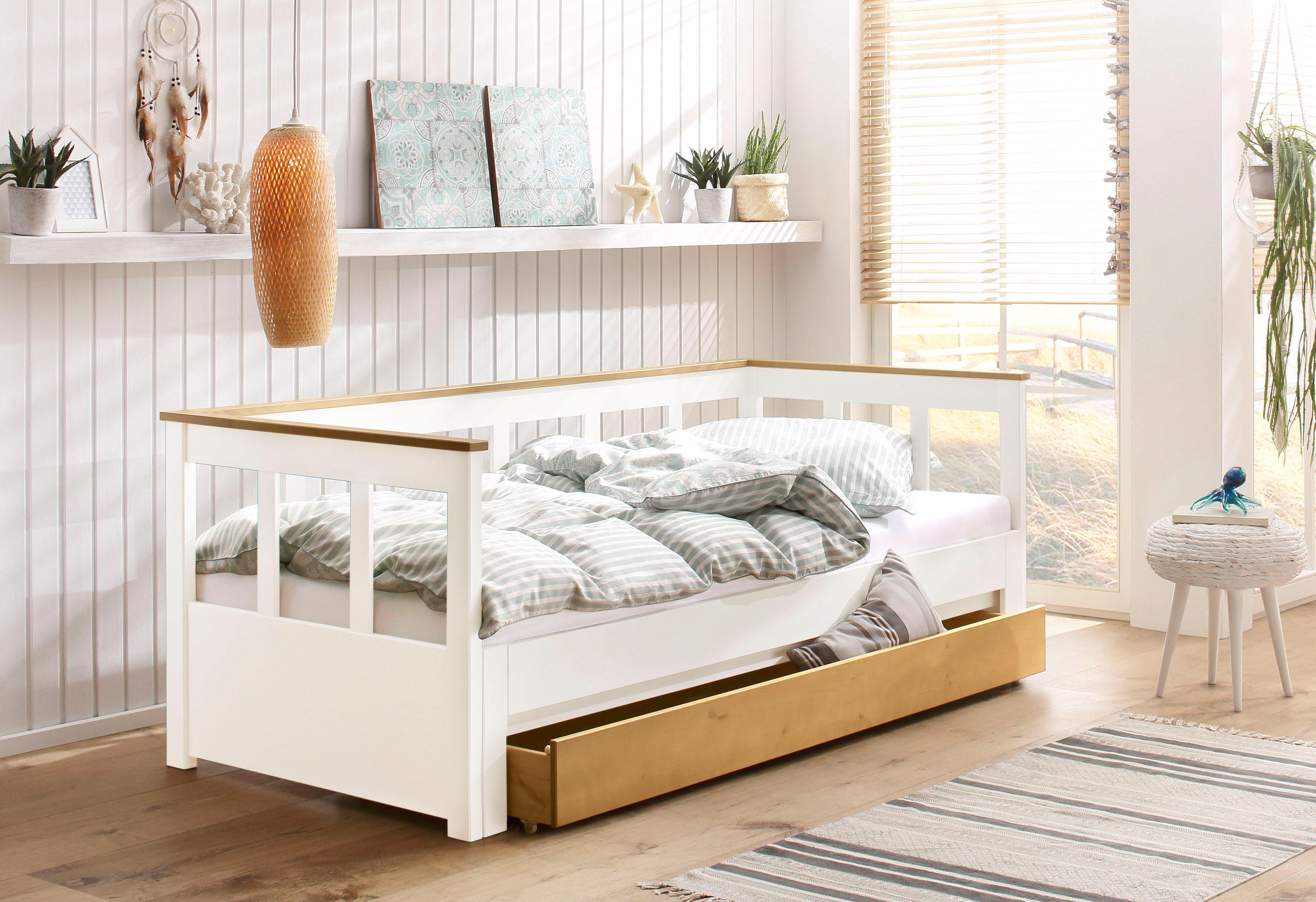 Daybett GOODPRODUCT "AIRA" Kinderbett, Gästebett, Skandi- Design, Schublade optional", gelb (weiß, honigfarben), kein Härtegrad, Daybetten, Daybett, mit ausziehbarer Liegefläche, ideal fürs Jugend- oder Gästezimmer weiß, honigfarben kein Härtegrad