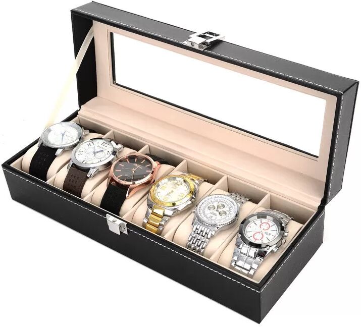 INF Abschließbare Uhrenbox mit 6 Fächern und Glasplatte