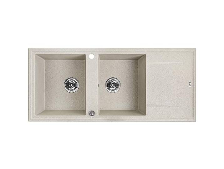 KOLMAN Granitspüle 50x116 Megalo Spülbecken Doppelbecken mit langer Abtropffläche, Space Saving Siphon (Beige)