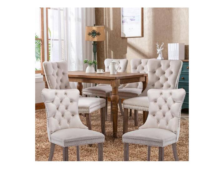 LuxusKollektion Esszimmerstuhl Esszimmerstühle Tufted Samt Holzbeine Nieten 130kg 6er set Beige