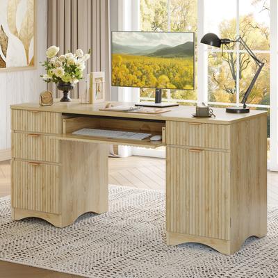 Bestier "59"" Fluted Wood Executive Desk with Flip Keyboard Tray, 4 Drawers & Magnetic Storage Cabinet, Home Office Writing Desk"