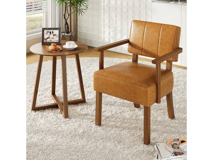 Bequemer Mid-Century Esszimmerstuhl – Akzentstuhl mit Holzrahmen und vertikal gestreiftem PU-Leder – Ergonomischer Lesesessel mit Armlehnen für Wohnzimmer, Schlafzimmer oder Balkon – Farbe: Vertikal