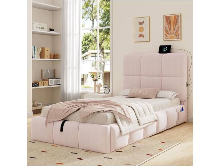 Lit Simple En Velours Rose 90x200 Lit Coffre Hydraulique FloraGrace Pour Chambre D Enfant USB Type-C 216 5x103 5x99cm