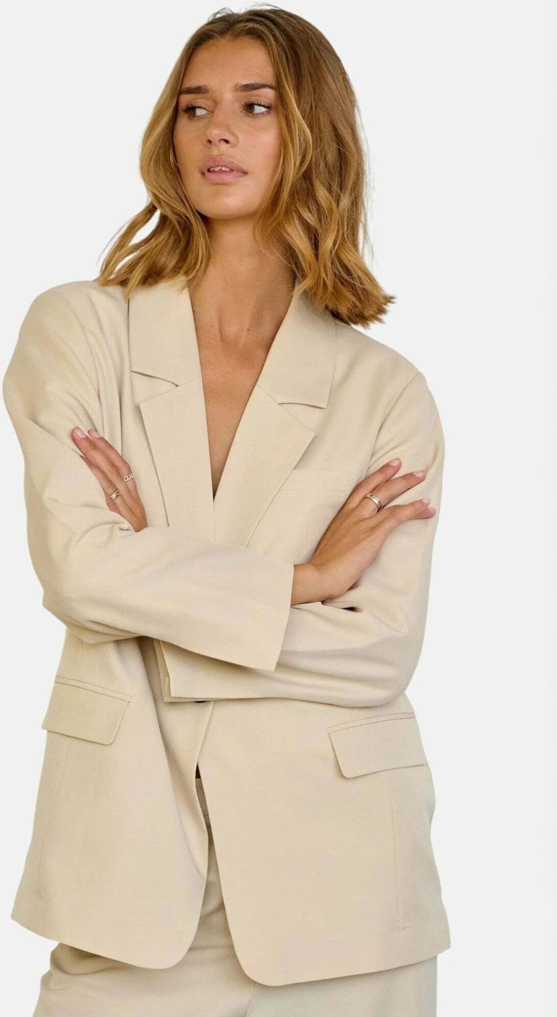Kurzblazer TEESHOPPEN "TEESHOPPEN Blazers Oversized", Damen, Gr. M, beige, Obermaterial: 94% Polyester, 6% Elasthan, Blazer Kurzblazer