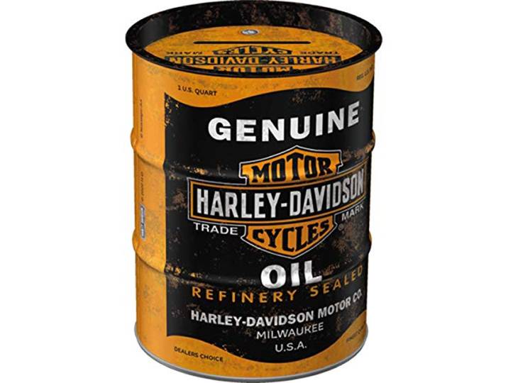 Nostalgic-Art Retro Spaarpot olievat, Harley-Davidson – Genuine Oil – Geschenkidee voor motorfans, Spaarvarken in metaal, Vintage Spaarblik, 600 ml