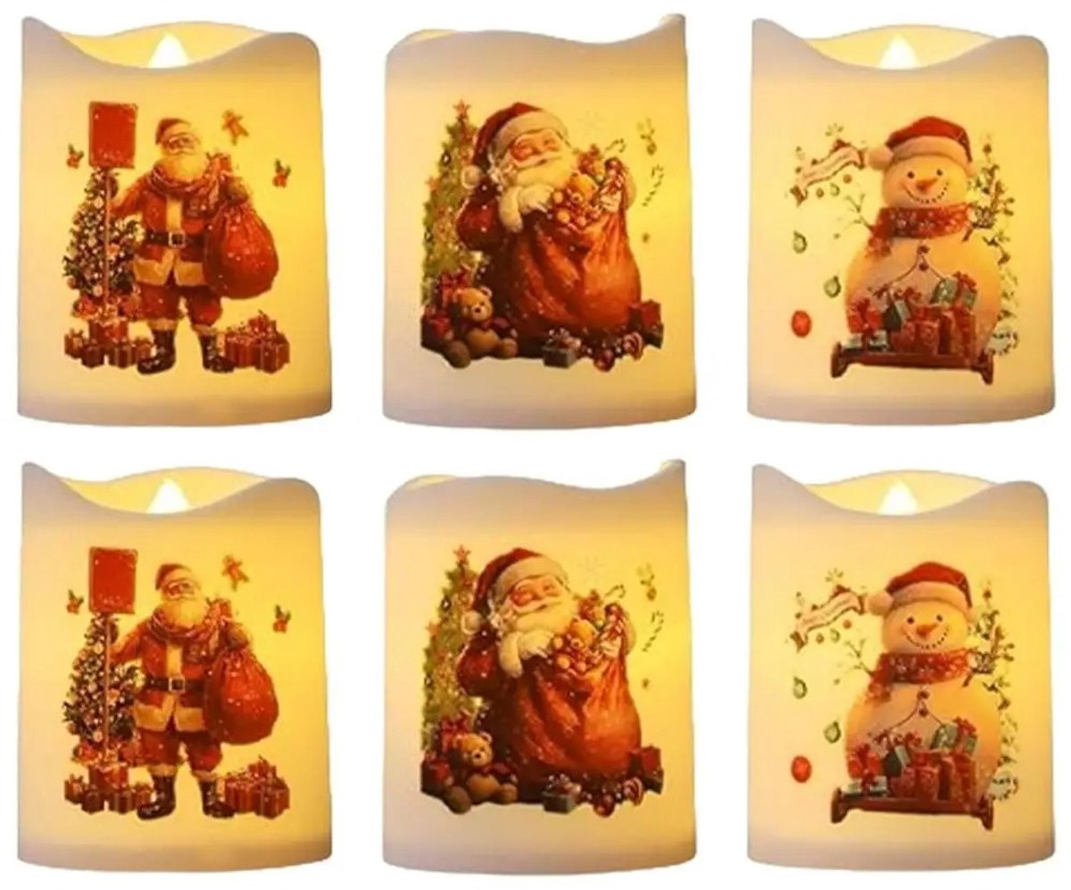 Set van 6 LED-kerstkaarsen met sneeuwpopontwerp, batterijgevoede kerstdecoratie