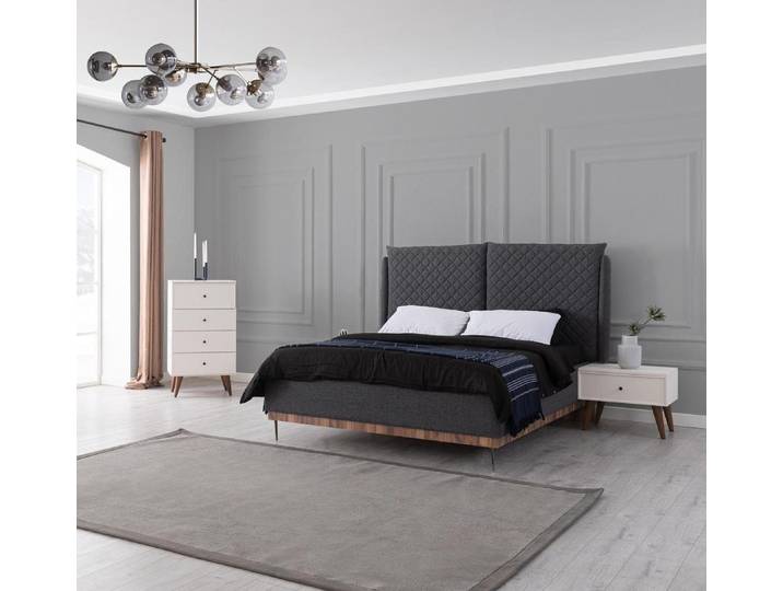 JVmoebel Schlafzimmer-Set Grauweiße Kommode mit 4 Schubladen aus Holz und Edelstahl, (4-tlg., Bett + 2x Nachttische + Kommode), Made in Europa