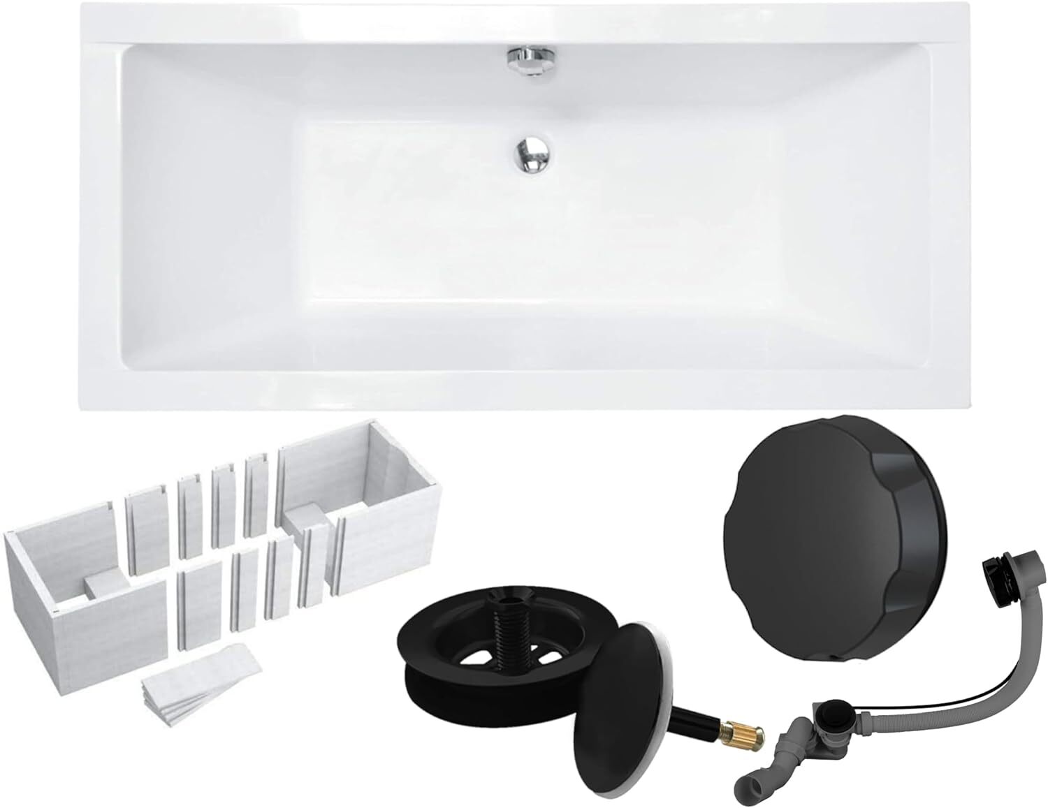 VBChome Acrylbadewanne 180 x 80 cm Weiß mit Styroporträger und Schwarz Siphon - Modern, langlebig und wärmeisolierend, perfekt für das Badezimmer