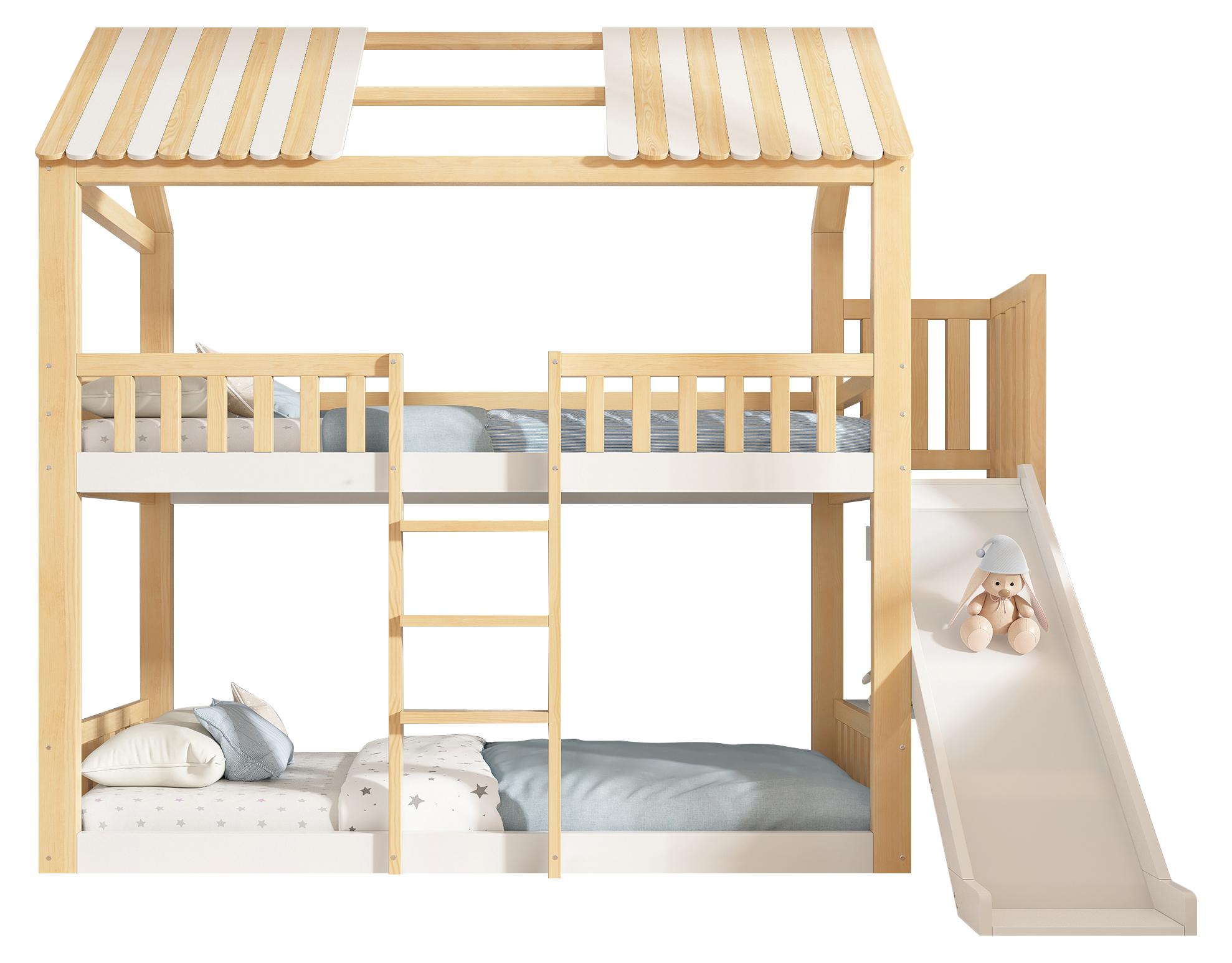 Etagenbett Kinder 90x200 mit Giebeldach Weiß & Natur Hausbett Hochbett mit Regal und 35 cm Rutsche