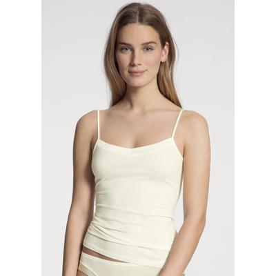Spaghettitop CALIDA "Cate", Damen, Gr. S (40/42), beige (alabaster crème), Single Jersey, Obermaterial: 92% Baumwolle, 8% Elasthan, unifarben, normal hüftbedeckend, Rundhals, Tops, Satin-Einsatz, Single Jersey Qualität, elastisch, weich, feminin