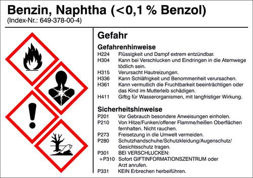 SafetyMarking 21.B1200.04 Gefahrstoffetikett G004 Benzin (<0,1% Benzol) Folie selbstklebend (B x H) 105mm x 74mm 1St.