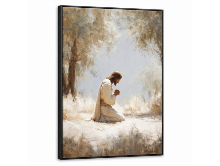 LEINWAND Bilder mit Rahmen - Jesus - Kniend - Waldlandschaft - Betend - 50x70