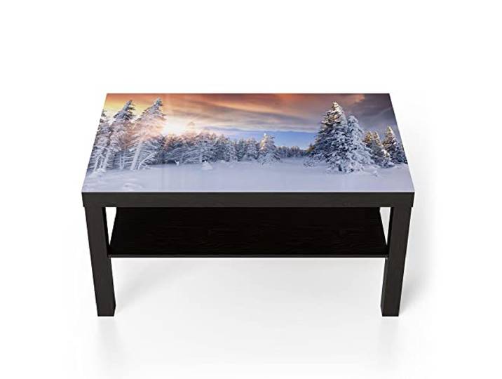 DEQORI Glastisch schwarz groß 90x50 cm Motiv Sonne über weißen Tannen ausgefallener Beistelltisch aus Glas Hochglanz Couchtisch fürs Wohnzimmer moderner Couch Tisch mit Design