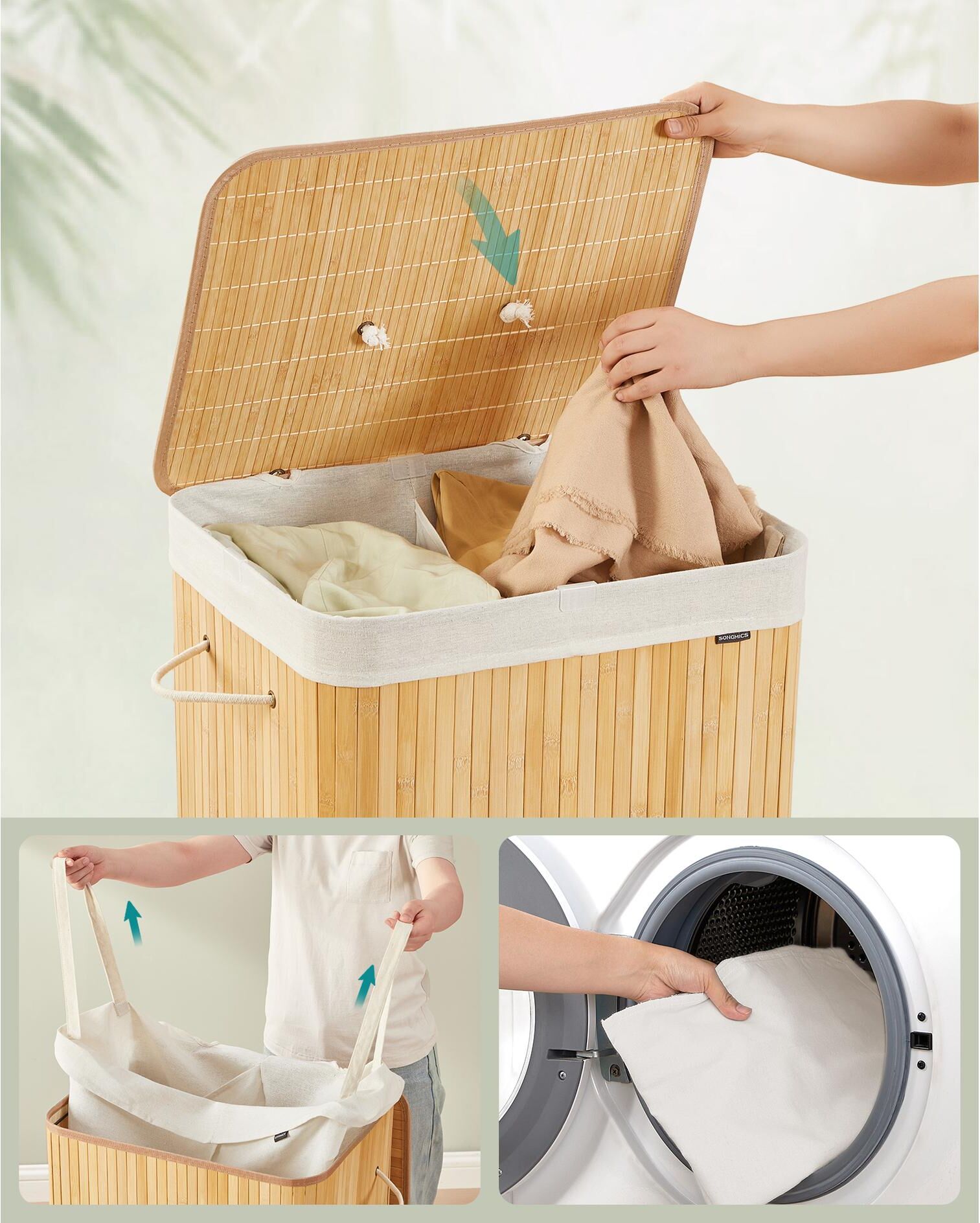 Wäschekorb SONGMICS "120 l, Bambus", braun (bambus), B:50cm H:61cm T:41cm, Bambus, Stahl, Wäschesammler, Wäschekorb bambus 120 l