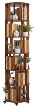 6 Tier Rotating Bookshelf, Solid Wood Rotating Bookshelf Tower with Wheels, 360° Display Round Spinning Bookshelf