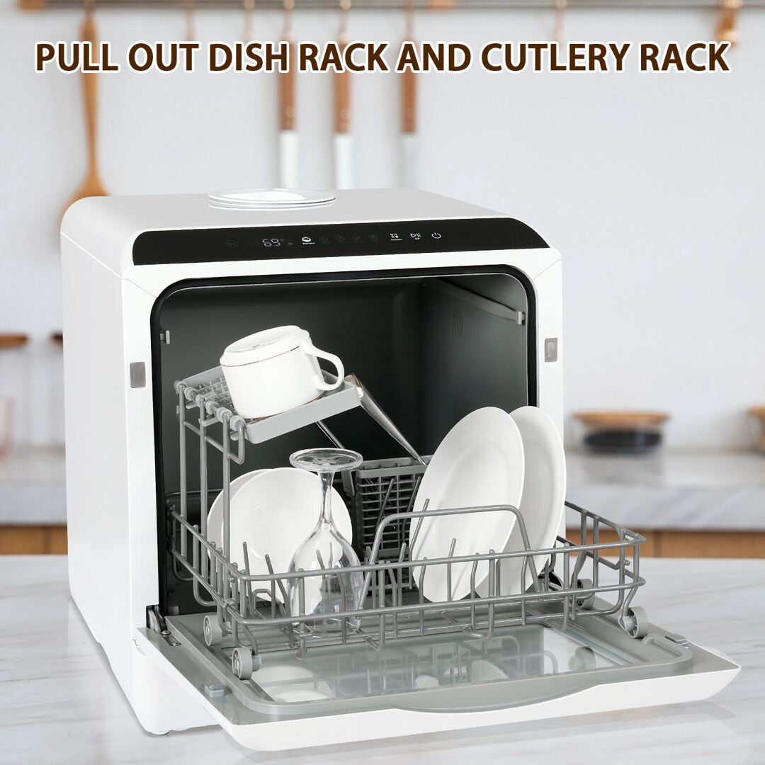 PULUOMIS Table Top Dishwasher With 6 Programs, Mini Countertop Dishwasher With 5l Water Tank, Freestanding, White White;Black 45.8cm H X 42.8cm W X 42.5cm D