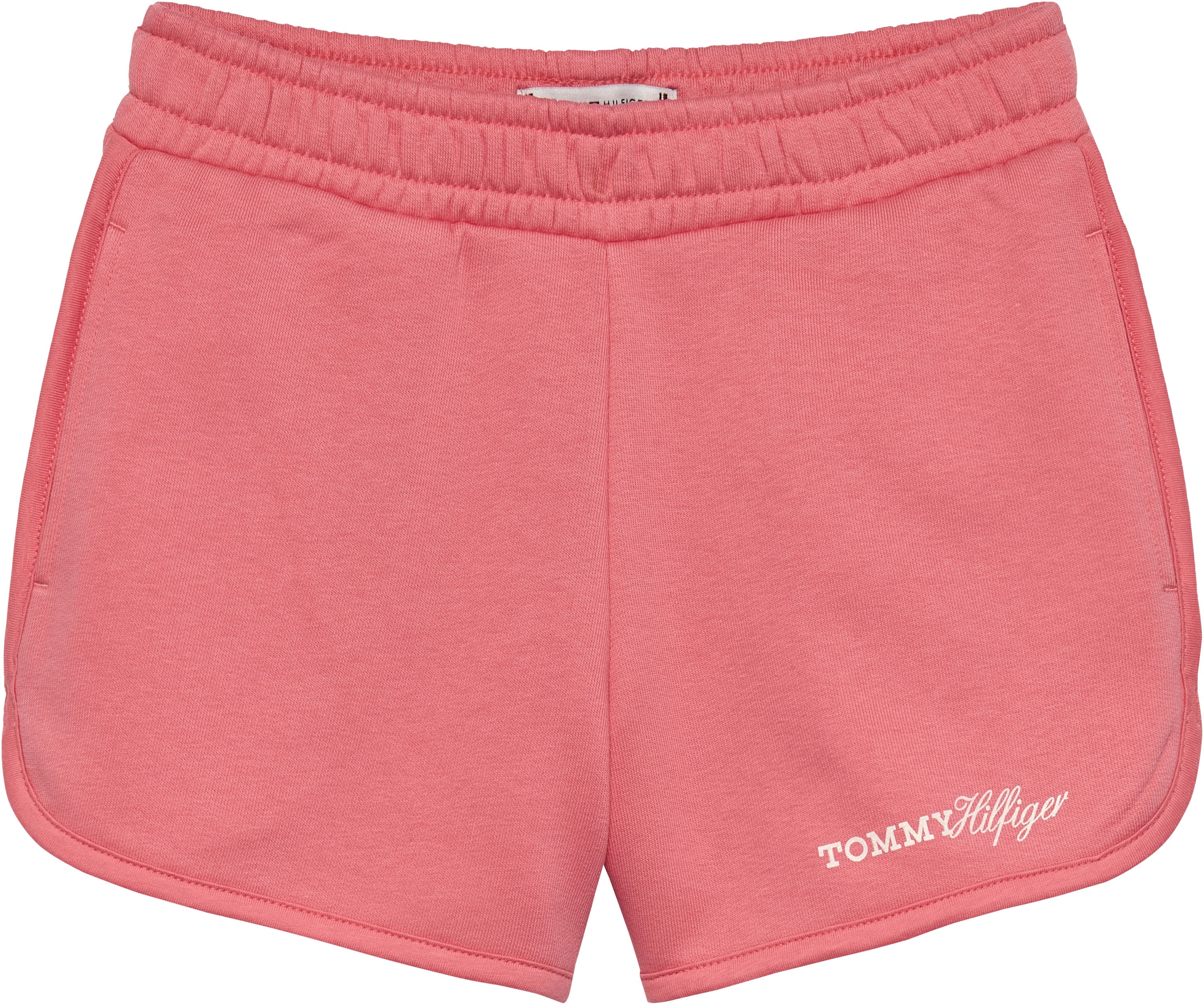Shorts TOMMY HILFIGER "GLITTER TOMMY SHORT", Mädchen, Gr. 12 (152), N-Gr, pink (tropical blush), Sweatware, Obermaterial: 68% Baumwolle, 32% Polyester, unifarben, regular fit kurz, Hosen Shorts, Kinder bis 16 Jahre, regular fit tropical blush 12 (152), N-