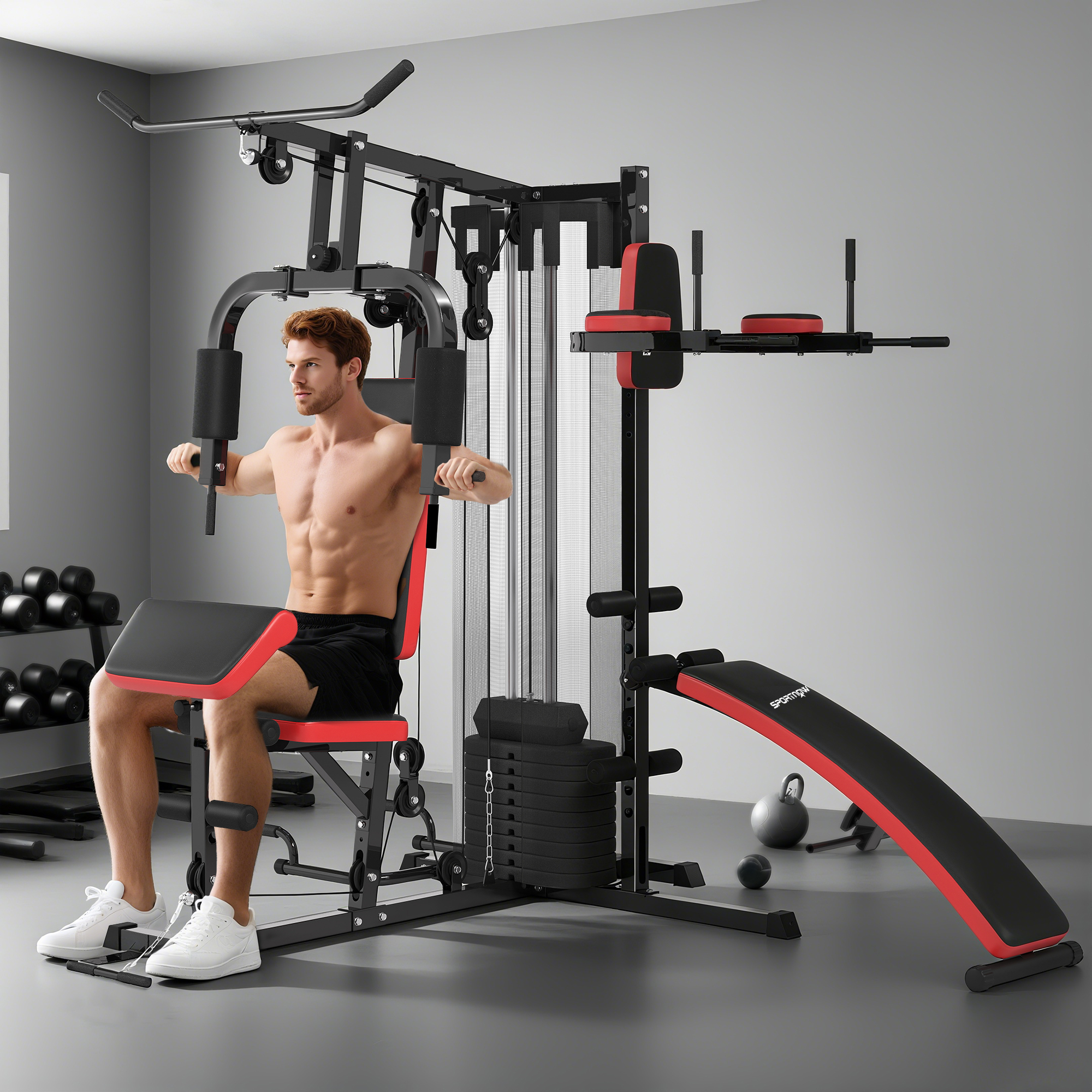 Sportnow Stazione Multi Gym con Pila da 65 kg, Attrezzatura per Muscolazione con Panca per Addominali, Nero e Rosso   Aosom Italy