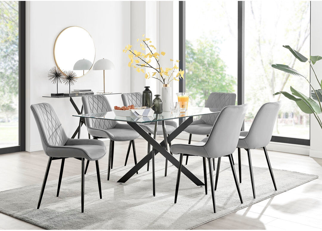 Canora Grey Lenworth Glass Rectangular Dining Table Set with 6 Luxury Velvet Chairs Grey/Black/Black 6