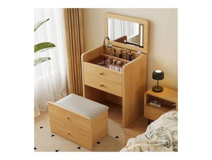 zhangrui1888 Schminktisch Schminktisch mit Klappspiegel, gepolstertem Hocker Schlafzimmer-Make-up-Waschtisch ﻿(Natural)