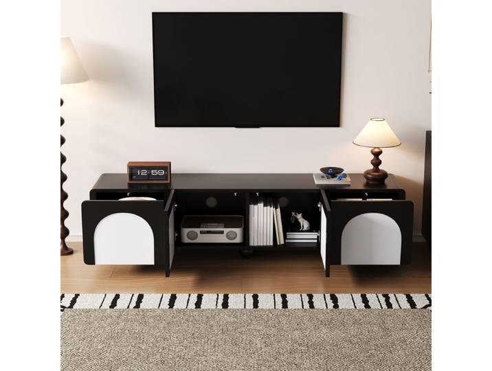 Meuble TV bas noir et blanc avec portes arrondies 180 cm