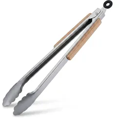 Relaxdays 2 x Edelstahl Grillzange mit Holzgriff Hellbraun,Schwarz,Silber