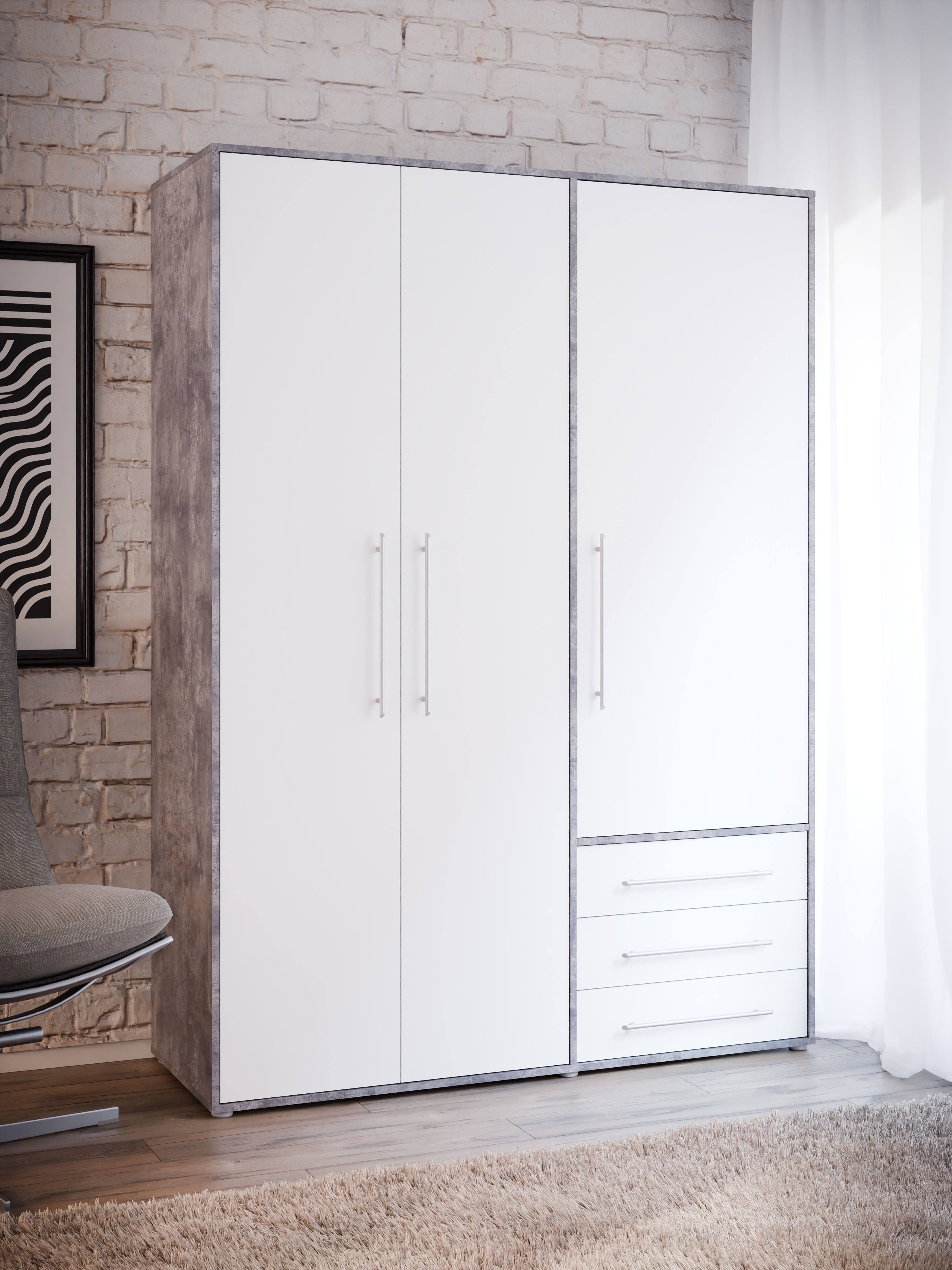 Drehtürenschrank FORTE "Kleiderschrank,zeitloses Design,3 türig", betonoptik lichtgrau, weiß, B:144,4cm H:200cm T:53cm, Holzwerkstoff, Schränke, Drehtürenschrank, viel Stauraum, Schubladen, Stangengriffe, Made in Europe betonoptik lichtgrau, weiß Betonopt
