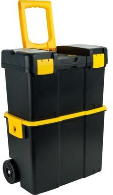 Trademark Tools Portable Tool Box with Wheels - Stackable 2-in-1 Tool Chest with Fold-Down Handles, Tough Latches, Storage Trays by Stalwart