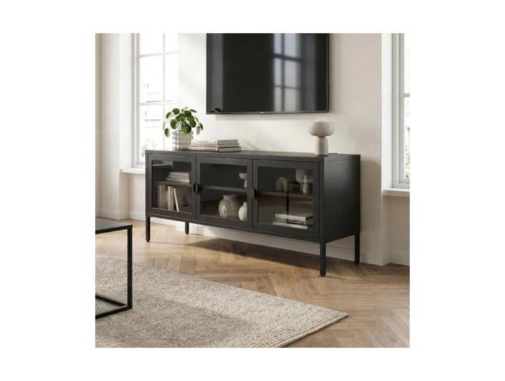 Meuble TV industriel en métal - SICAAN - Ezra - 130 x 40 x 55 cm - 3 portes - 2 placards - Verre trempé