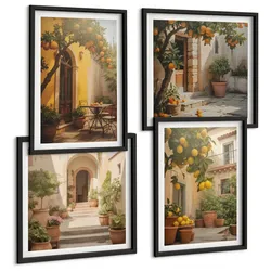 BILDER SET 4er Set - 50x50 cm & 40x60 cm Schwarzer Rahmen - Terrasse mit Zitrusbäumen