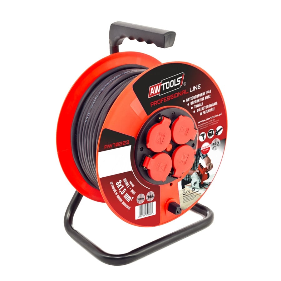 AWTools Professionele kabelhaspel met 25 meter verlengsnoer, 3x2,5mm, 16A / 3680W, IP44