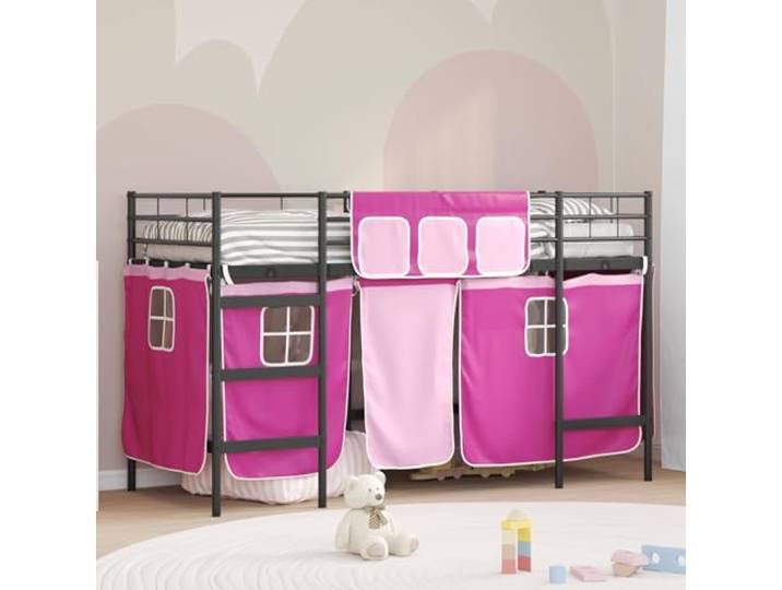Pulverbeschichteter Metallrahmen mit Vorhängen Kinder Rückzugsort 74 5 x Kinder Hochbett mit Vorhang Schwarz Pink Metall Rahmen Stufenbetten fuer Kinder Schlafzimmer Sicherheit Stabil Platzsparend