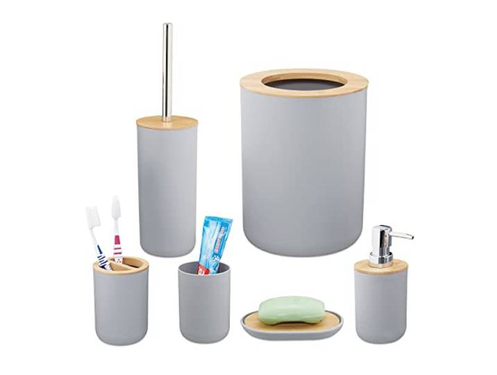 Relaxdays badkameraccessoires set, 6 delig, badkamerset kunststof, bamboe, volledige badkamer & toilet set, grijs