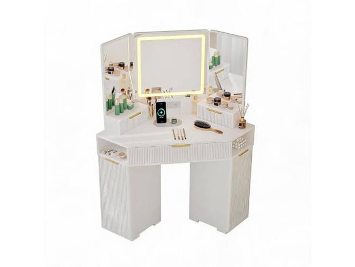 IDEALHOUSE Eck-Schminktisch mit LED-Spiegel (3 Lichtmodi) & Ladestation – geriffeltes Design, 3 Schubladen, offene Ablagen + Stauraumschrank, platzsparend fürs Schlafzimmer, Weiß